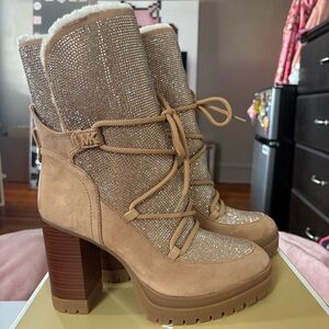 Michael Kors Tan Suede & Sparkling Lace-Up Heel Boots